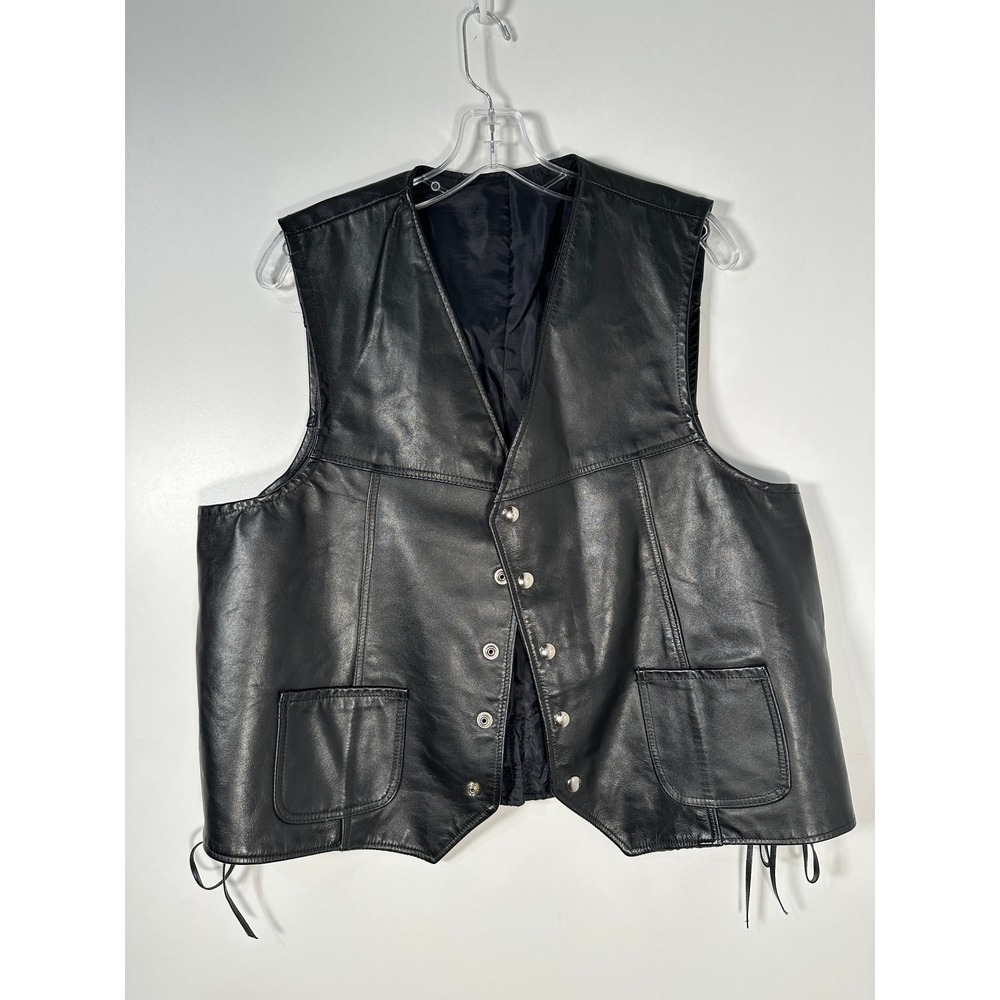 Vintage Black Vegan Leather Biker Vest Side Lace Snap Front XL Motocore